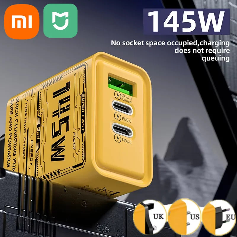 Xiaomi 145W 3-Port Fast Charger - USB Type-C Quick Charger Adapter with EU/US/UK Plug for iPhone 16 Pro, Samsung, and More